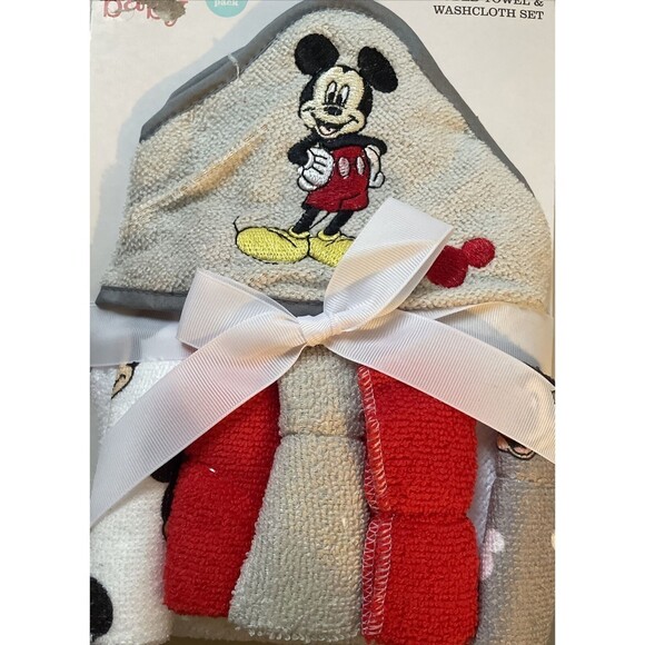 NEW Disney Baby MICKEY MOUSE 6pc Hooded Towel and Washcloth Bath Set - Picture 2 of 7